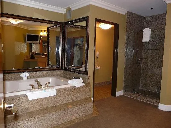 Luxurious bathroom at Pacific Terrace Hotel with hot tub, sink, and modern shower in sunny California